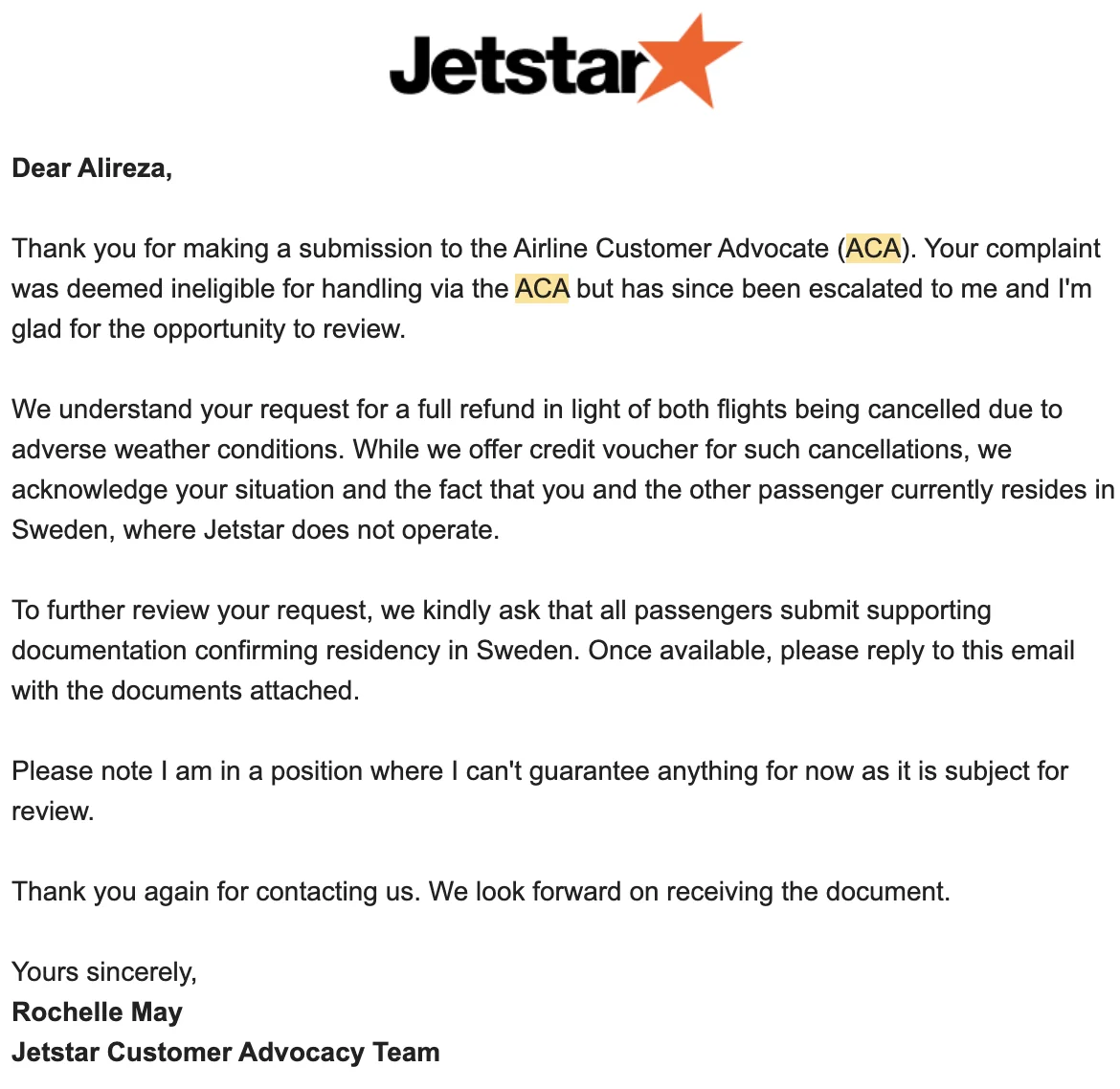 The email from Jetstar after ACA complaint.